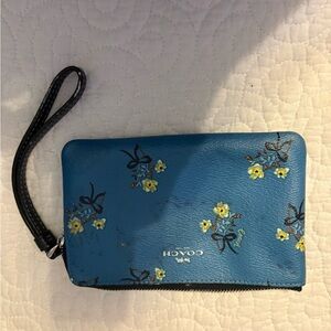 Coach Teal Wristlet with Yellow Floral Pattern